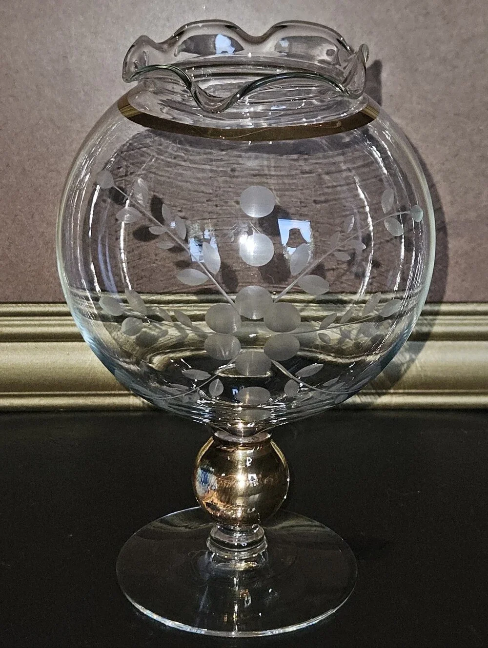 Vintage Glass Rose Bowl Pedestal Vase with Etched Berries and Gold Accents